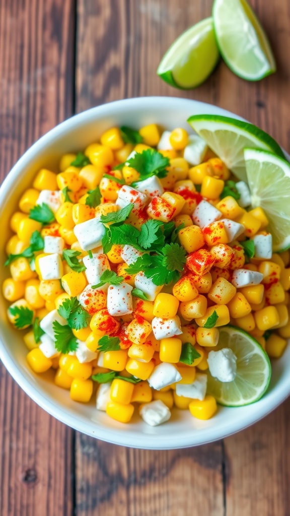 A bowl of spicy Mexican street corn salad with corn, queso fresco, and cilantro.